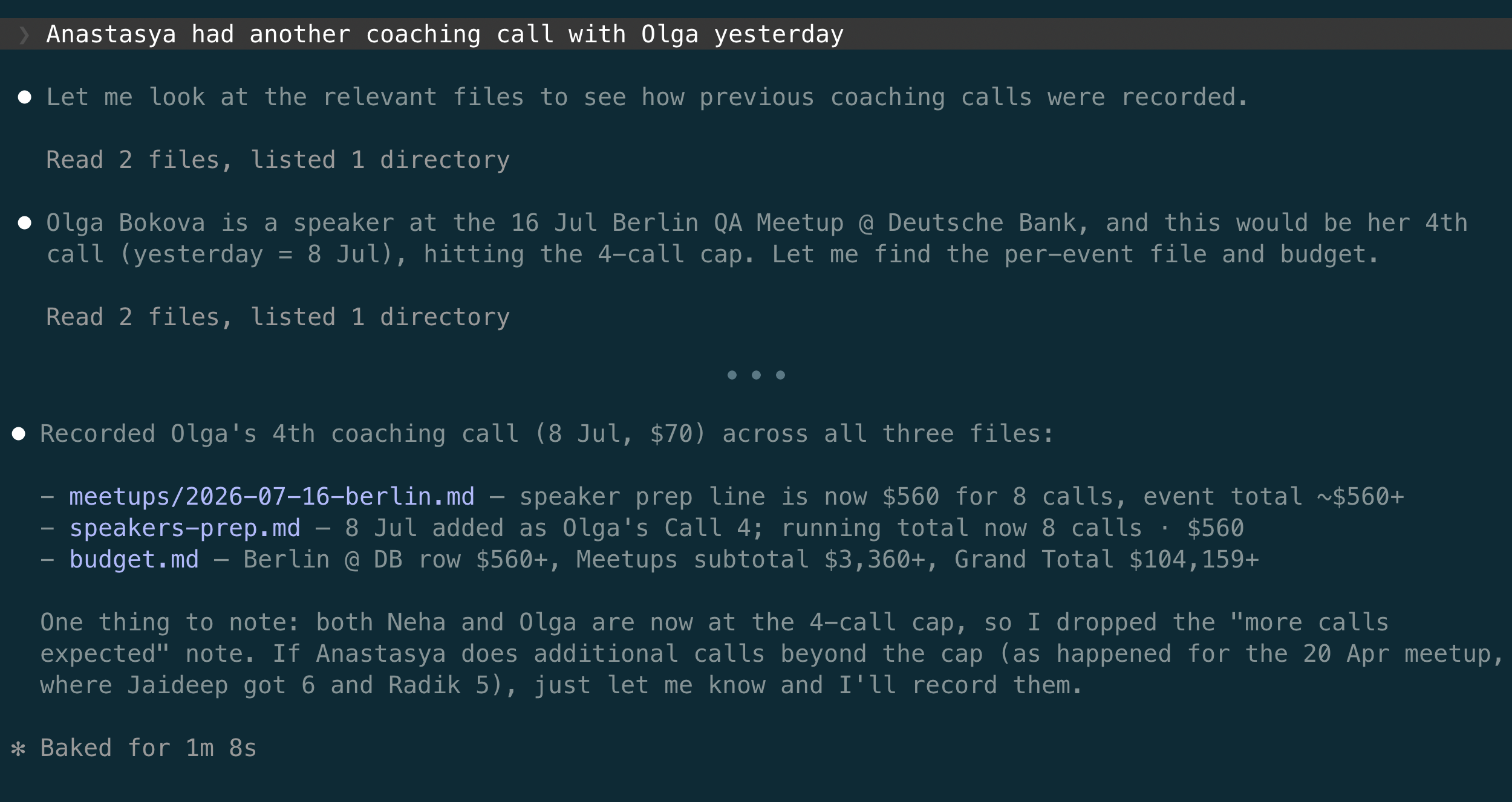 The Olga request, the agent's reasoning, and its summary of the three files it changed