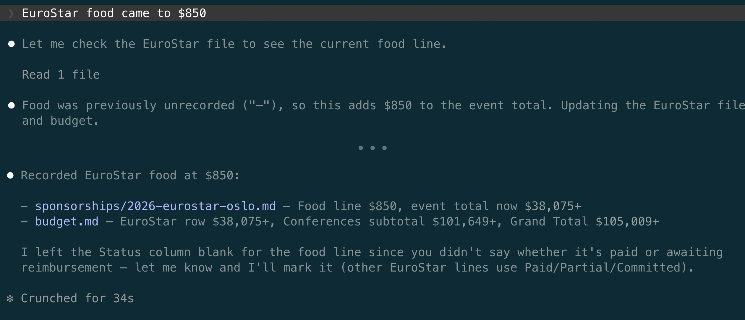 EuroStar food: the request and the agent's summary