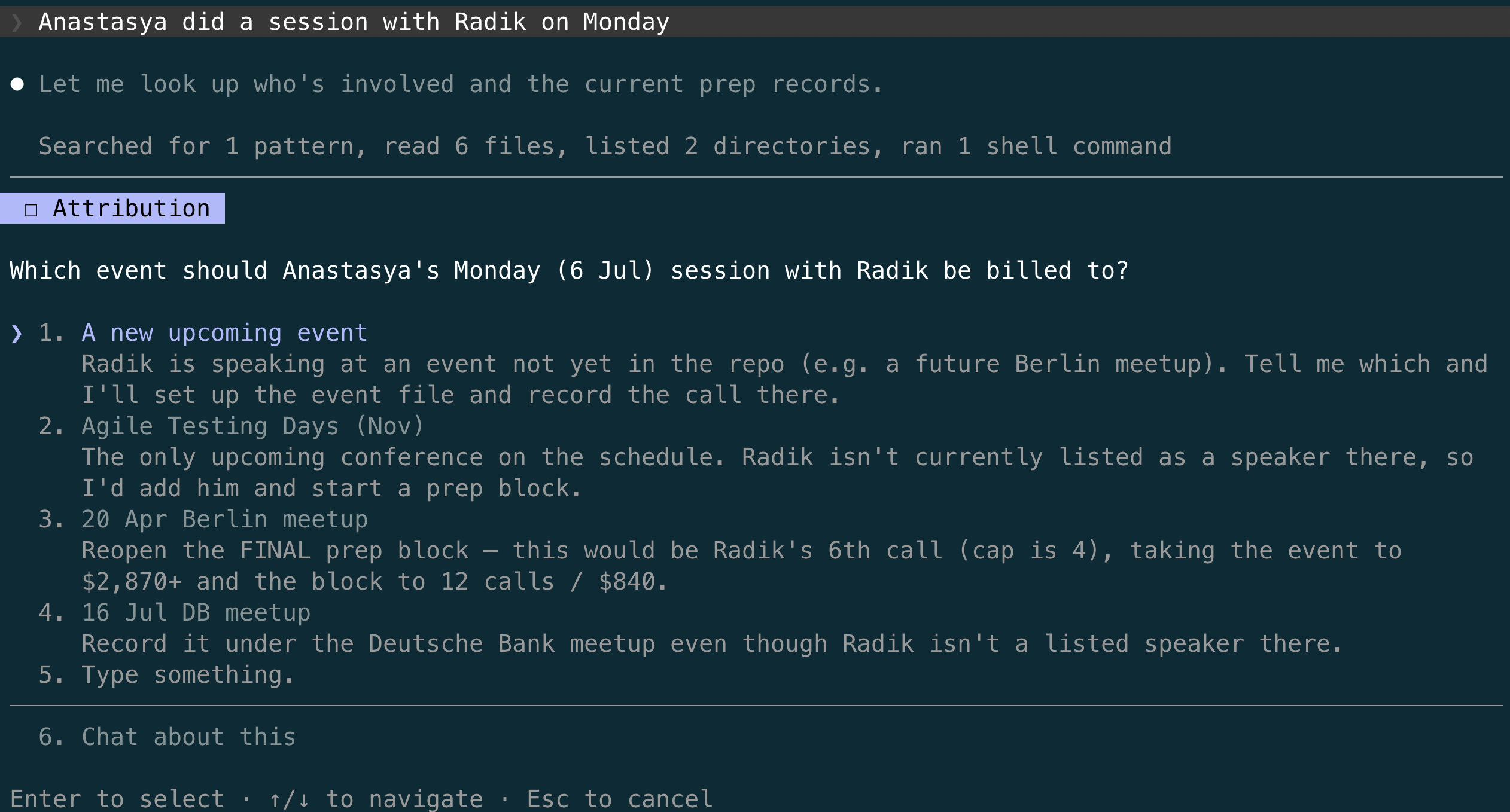 The agent asks which event Radik's session should be billed to