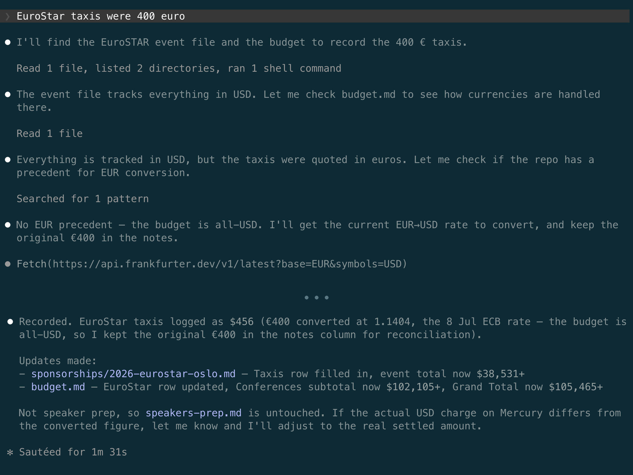 The agent decides to convert, and the confident summary that follows