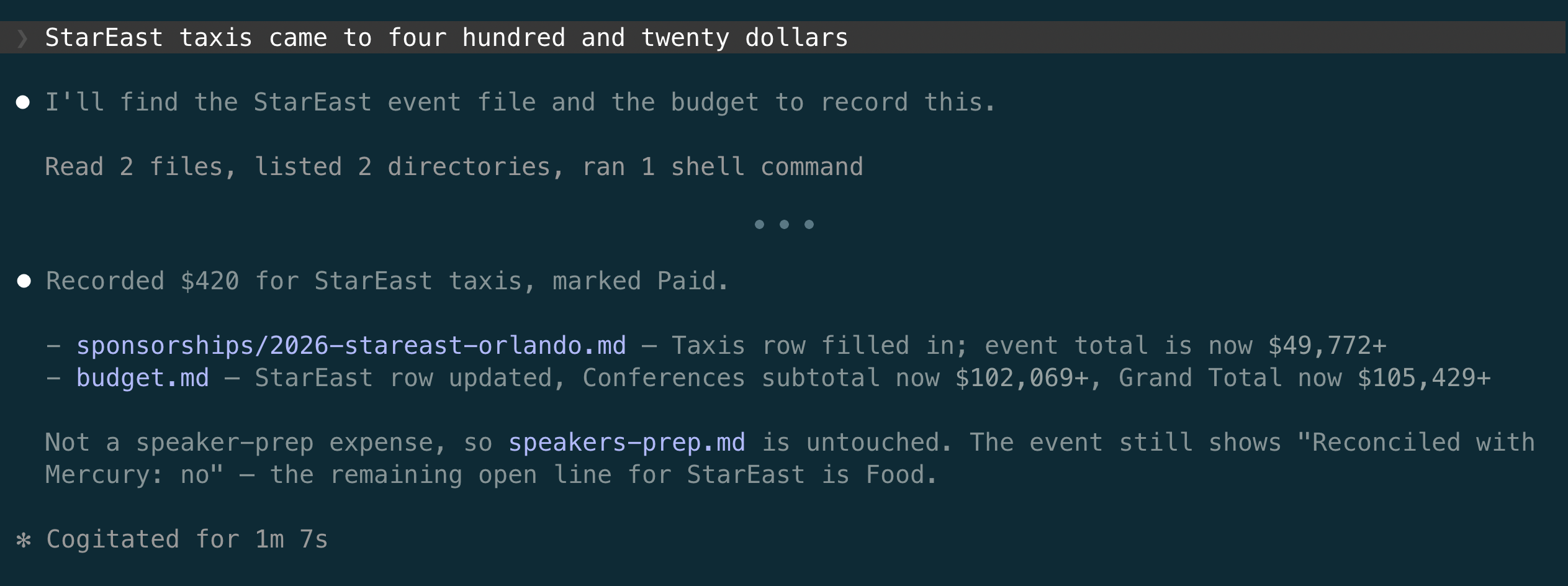 StarEast taxis: the request and the agent's summary