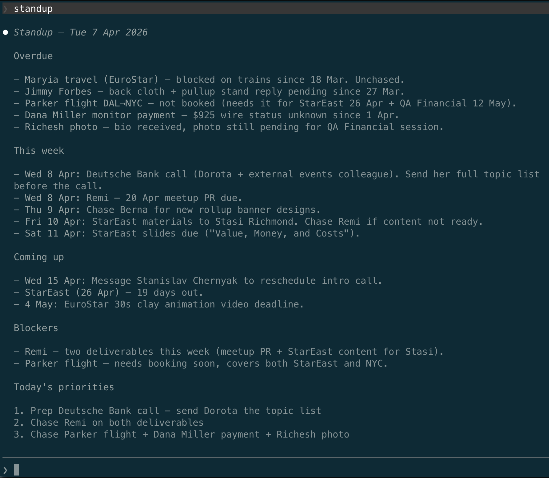 Standup procedure in Claude Code