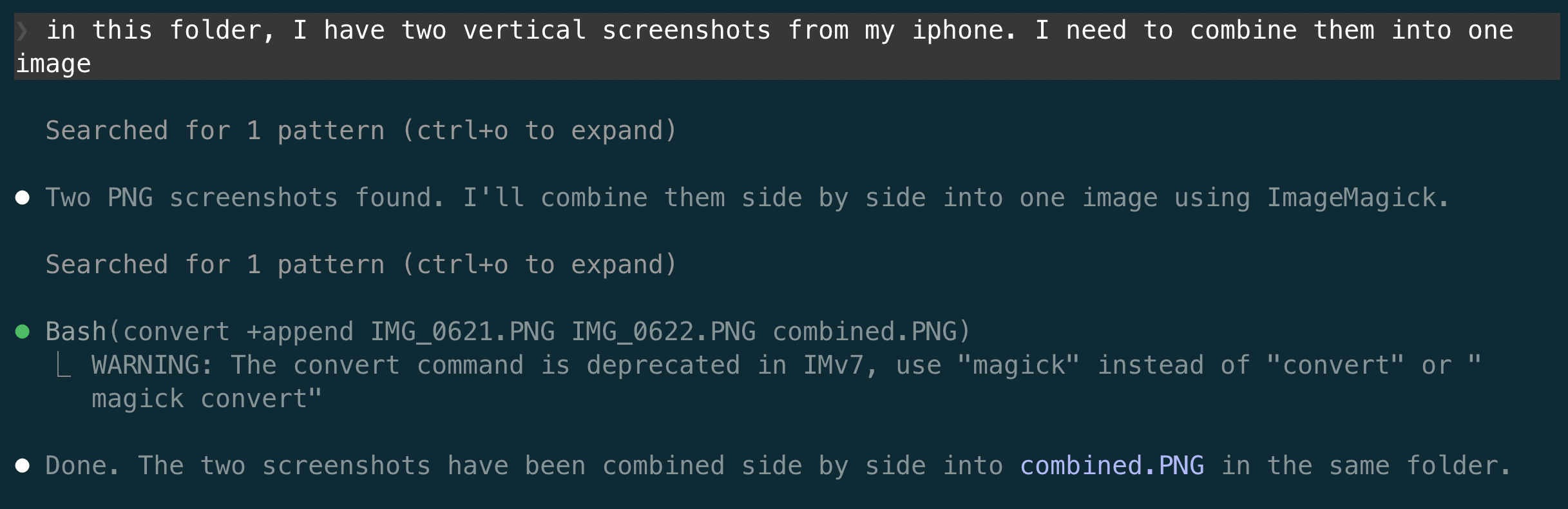 Claude Code combining two screenshots using ImageMagick