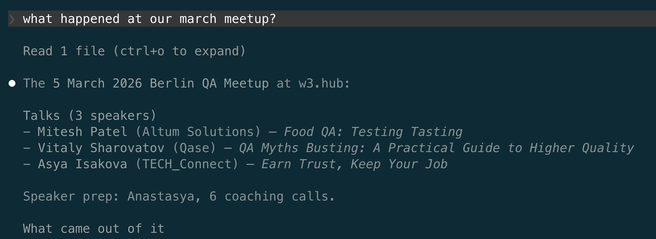 The agent recalling the March Berlin meetup from a single event file