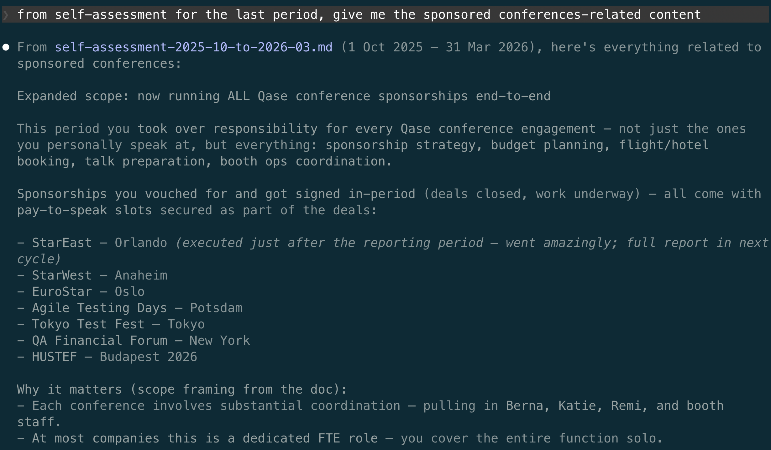 One slice of a five-page self-assessment: the sponsored-conferences section, with the numbers and the scope framing